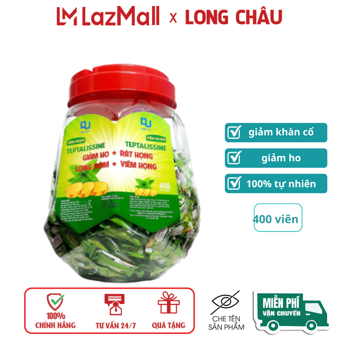 Viên Ngậm Teptalissine Đại Uy giúp giảm ho, rát họng, long đờm – Lọ 400 viên ngậm