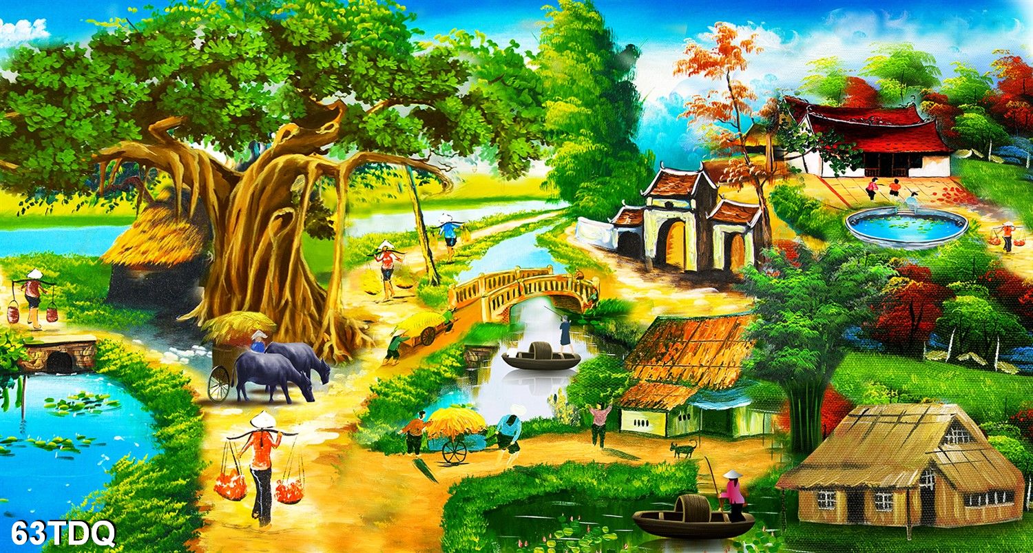 Tranh dán tường phong cảnh làng quê việt nam giả sơn dầu, tranh đồng quê , tranh quê hương, t