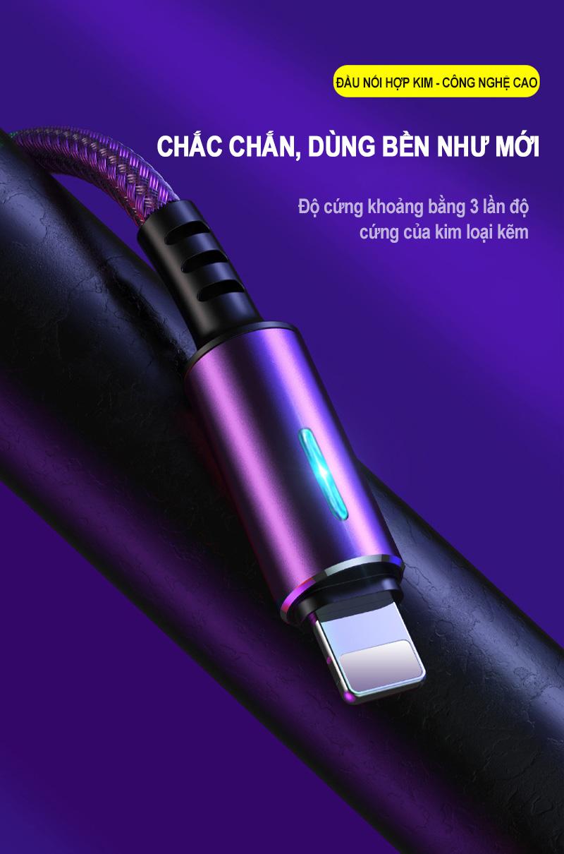 Cáp sạc iphone/Android sạc nhanh, hiển thị đèn LED dây dù siêu bền