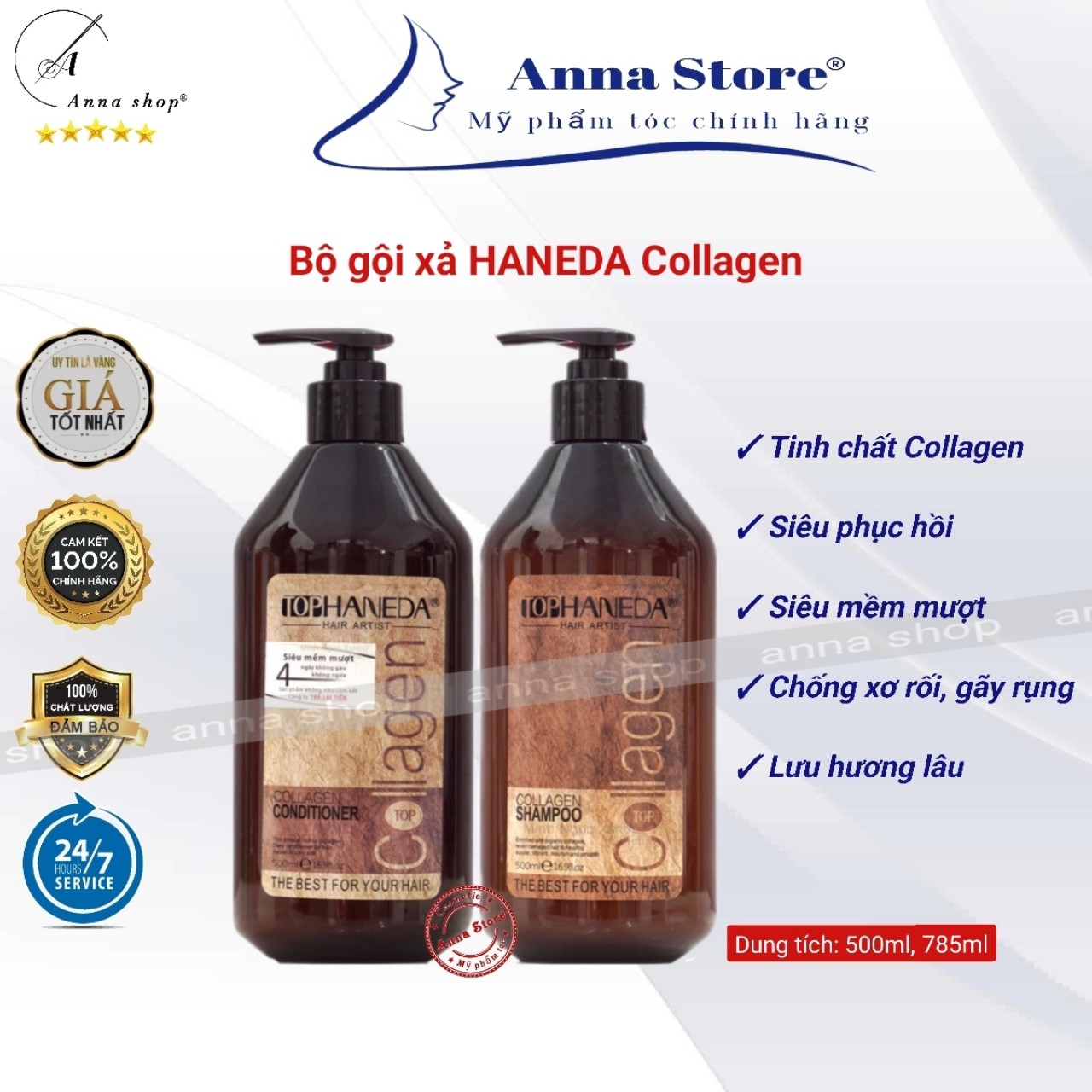 Bộ dầu gội xả haneda collagen, siêu mềm mượt phục hồi hư tổn, giảm rụng tóc 500ml - 785ml