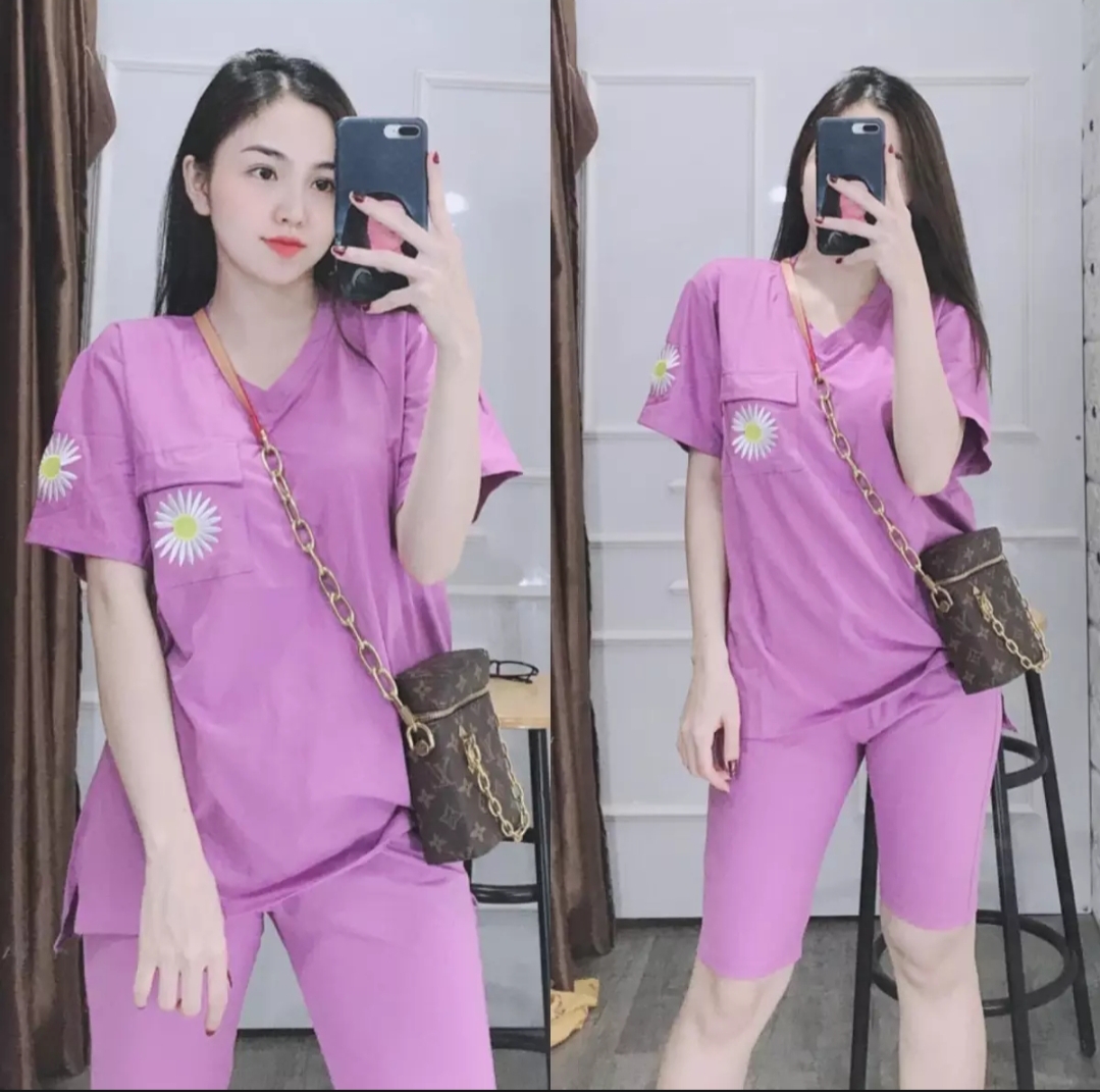 [HCM]Set Bộ Lửng Mặc Nhà In Hình Hoa Cúc Phối Túi Dễ Thương Vải Dày Mịn Mát Thiết Kế Thời Trang ( Tím )