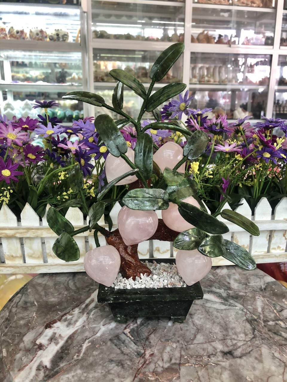 Cây đào phong thủy đá thạch anh hồng  gồm 6 quả - Cao 27 cm