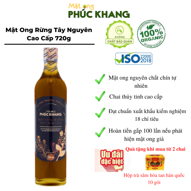 Mật ong rừng Tây Nguyên Phúc Khang 720G -  Thu hoạch tự nhiên - Đạt chuẩn xuất khẩu - Không nhiễm hóa chất , Kháng sinh , Kim loại nặng , Chất bảo vệ thực vật - An toàn cho gia đình - Sản phẩm đạt ISO 22000-2018