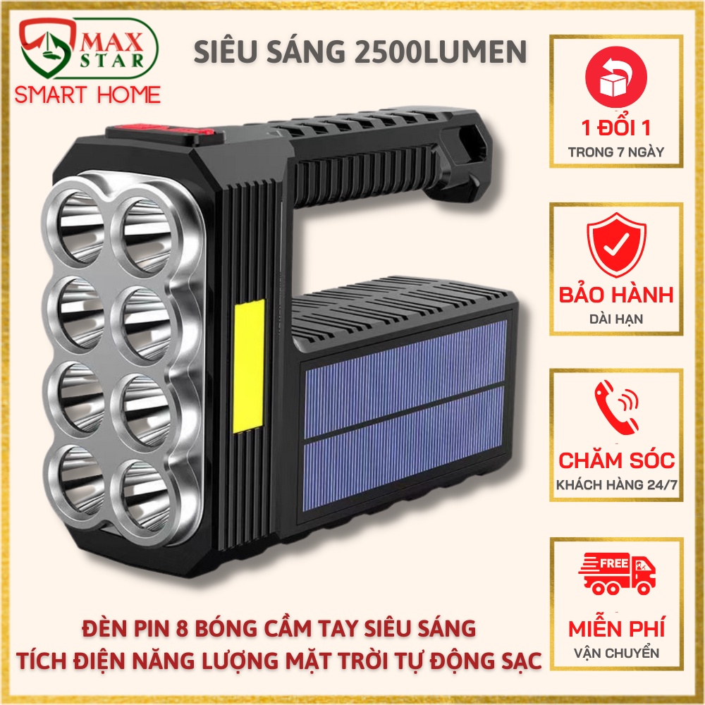 Đèn Pin Siêu Sáng 8 Led pin sạc tích điện chiếu xa chống nước bảo vệ đèn bin cầm tay sofinlight wasing usb đèn dự phòng mất điện sạc năng lượng mặt trời đa năng den led mini