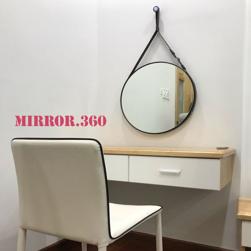(Size 40cm) Gương Tròn Treo Tường Viền Da Simili (Màu đen). Tặng kèm phụ kiện treo gương.