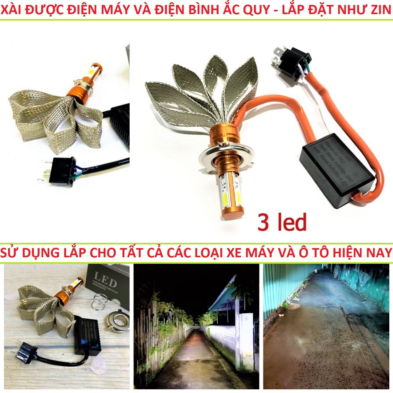 ĐÈN LED PHA SIÊU SÁNG 3 TIM ĐUÔI CÔNG LẮP NHƯ ZIN CÁC LOẠI XE , ĐÈN PHA LED SIÊU SÁNG XE MÁY Ô TÔ XÀI ĐIỆN MÁY , ĐÈN PHA Ô TÔ XE MÁY CỰC SÁNG , ĐÈN XE MÁY , ĐÈN PHA XE MÁY , PHỤ KIỆN ĐỒ CHƠI XE MÁY