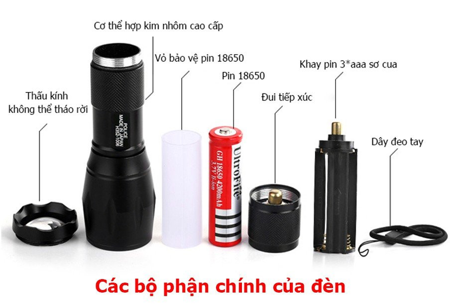 Đèn pin siêu sáng T6 police kèm pin 18650 , đốc sạc pin , hộp chống sốc cực xịn ,tầm xa led xml - sản phẩm chất lượng cao độ sáng mạnh cự ly chiếu xa hơn 200m bảo hành 2 năm