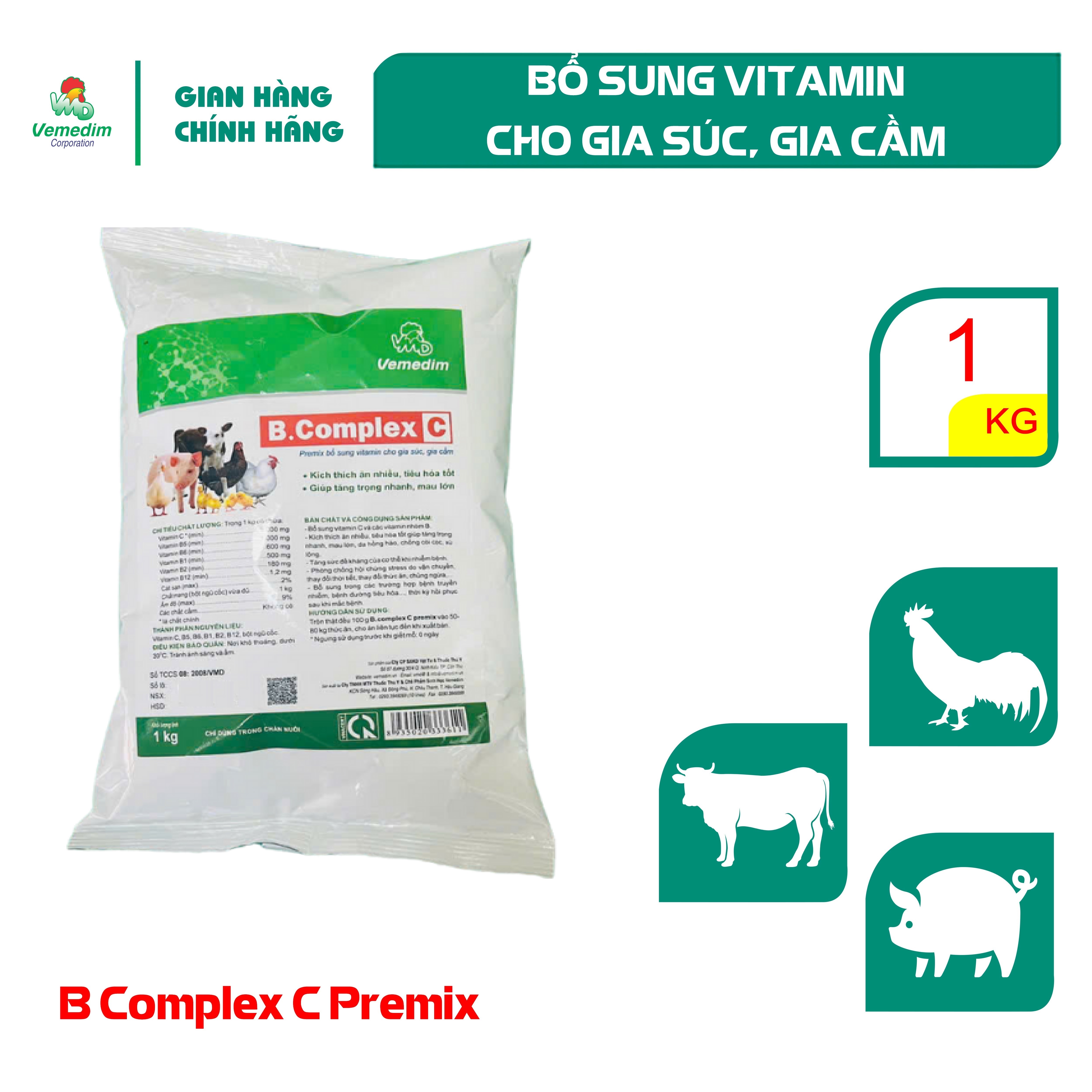 "Hoàn tiền đến 10%" Vemedim B Complex C Premix Bổ sung vitamin cho gia súc, gia cầm, lon 1kg