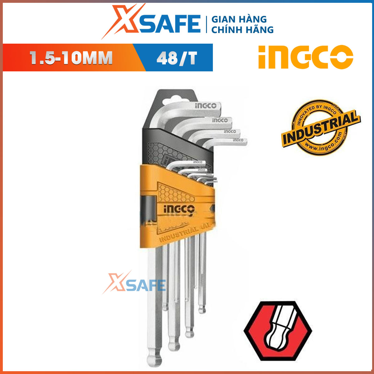 Set 9 key hexagonal round head ingco HHK12091 compact design. Lock hexagonal material CR-V, size 1.5-10mm, heat resistant and is plated with chrome steel. -48/t-distribution genuine xsafe