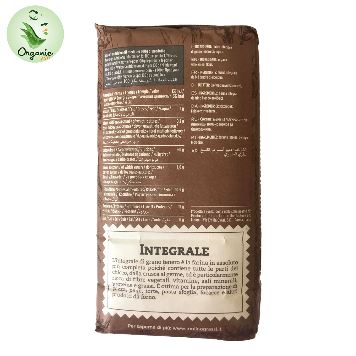 HSD T10.26 - Bột mì nguyên cám hữu cơ Molino Grassi bột mì mềm 1kg