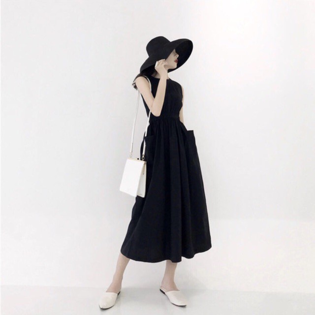 Đầm đen dài thun eo 2 túi