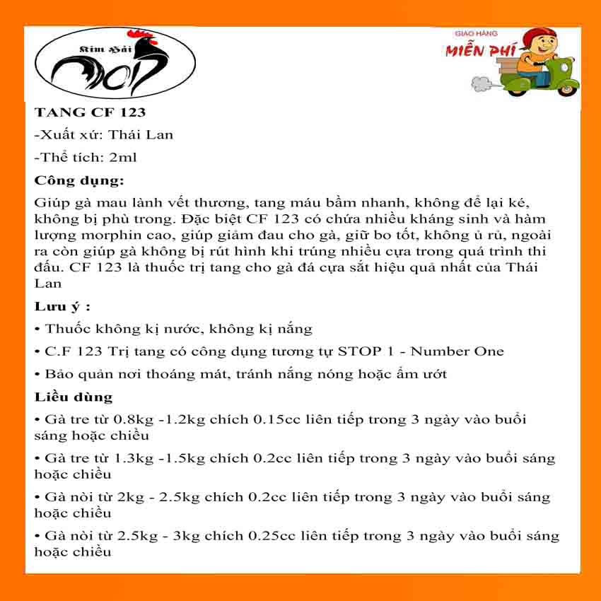 C.F 123-[lọ 2ml]-[dạng chích]-tang siêu hiệu quả dành cho gà cựa.(tặng kèm kim tiêm)