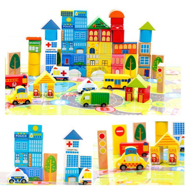 [HCM]Đồ chơi mô hình lắp ráp thành phố gỗ 62 chi tiết