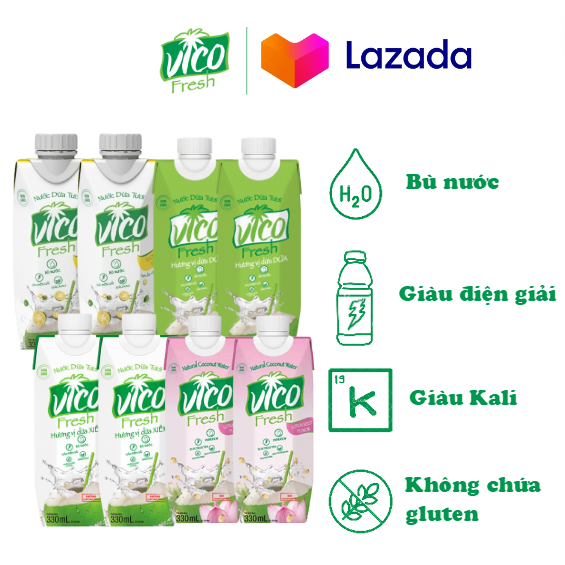 Combo 8 Hộp Nước Dừa Vico Fresh 330ml - (2 Xiêm, 2 Sen, 2 Dứa, 2 Tắc)