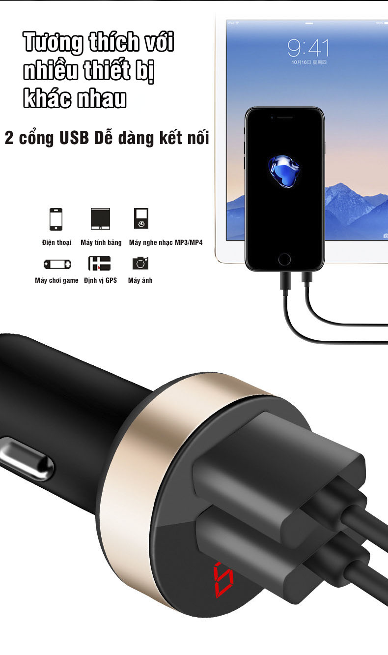 Tẩu sạc ô tô siêu nhanh 2 cổng USB có đèn LED báo điện áp ắc quy
