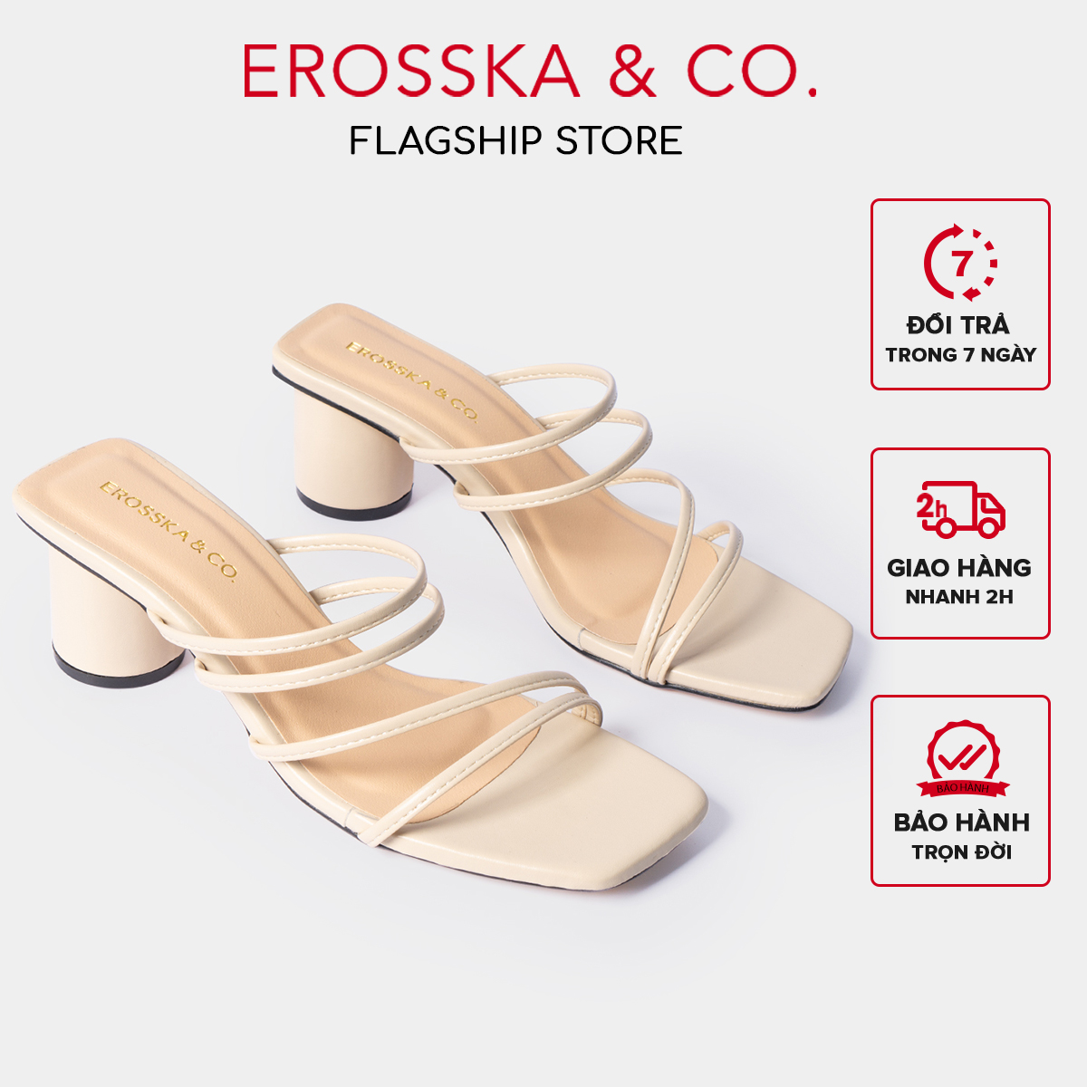 Dép cao gót thời trang Erosska mũi vuông gót tròn phối dây quai mảnh kiểu dáng đơn giản cao 6cm màu trắng - EM038