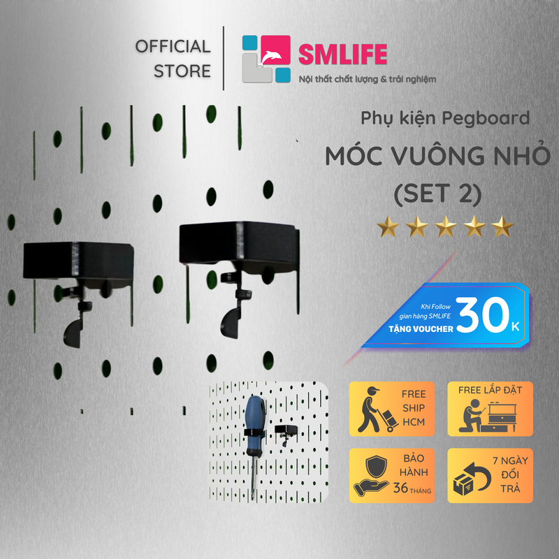Bộ 2 móc vuông Pegboard - Móc treo bằng thép sơn tĩnh điện - Phụ kiện móc treo dụng cụ Pegboard
