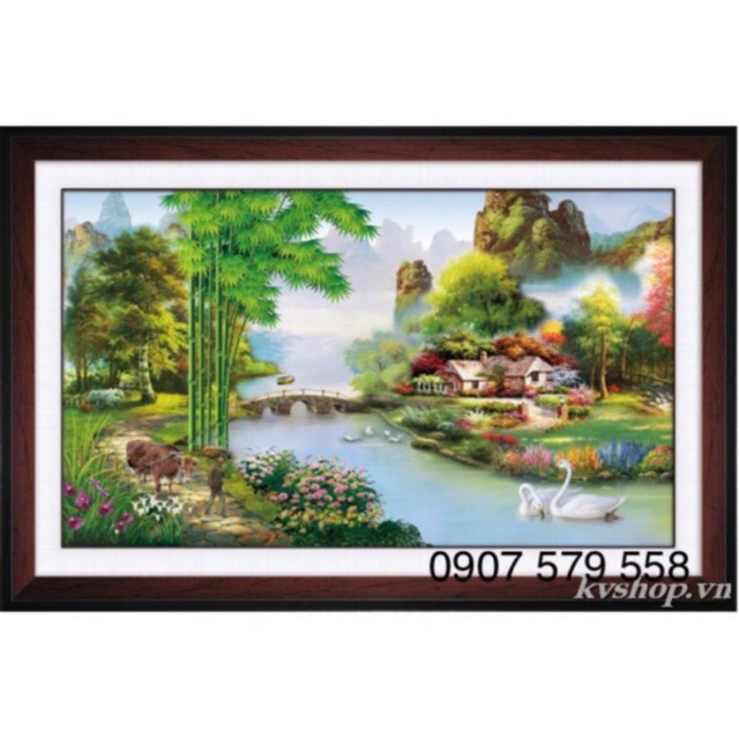 Tranh đính đá Phong cảnh làng quê kt : 80x50 cm