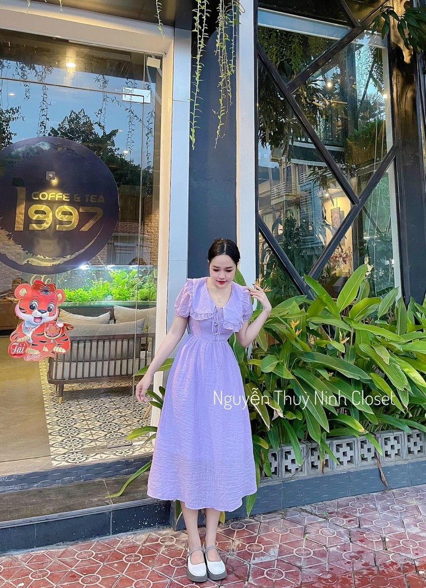 đầm cổ bèo cột nơ xinh xắn