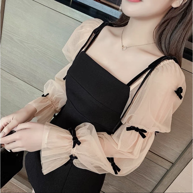 [HCM]Váy đen tiểu thư tay lưới đính nơ ❤️❤️❤️