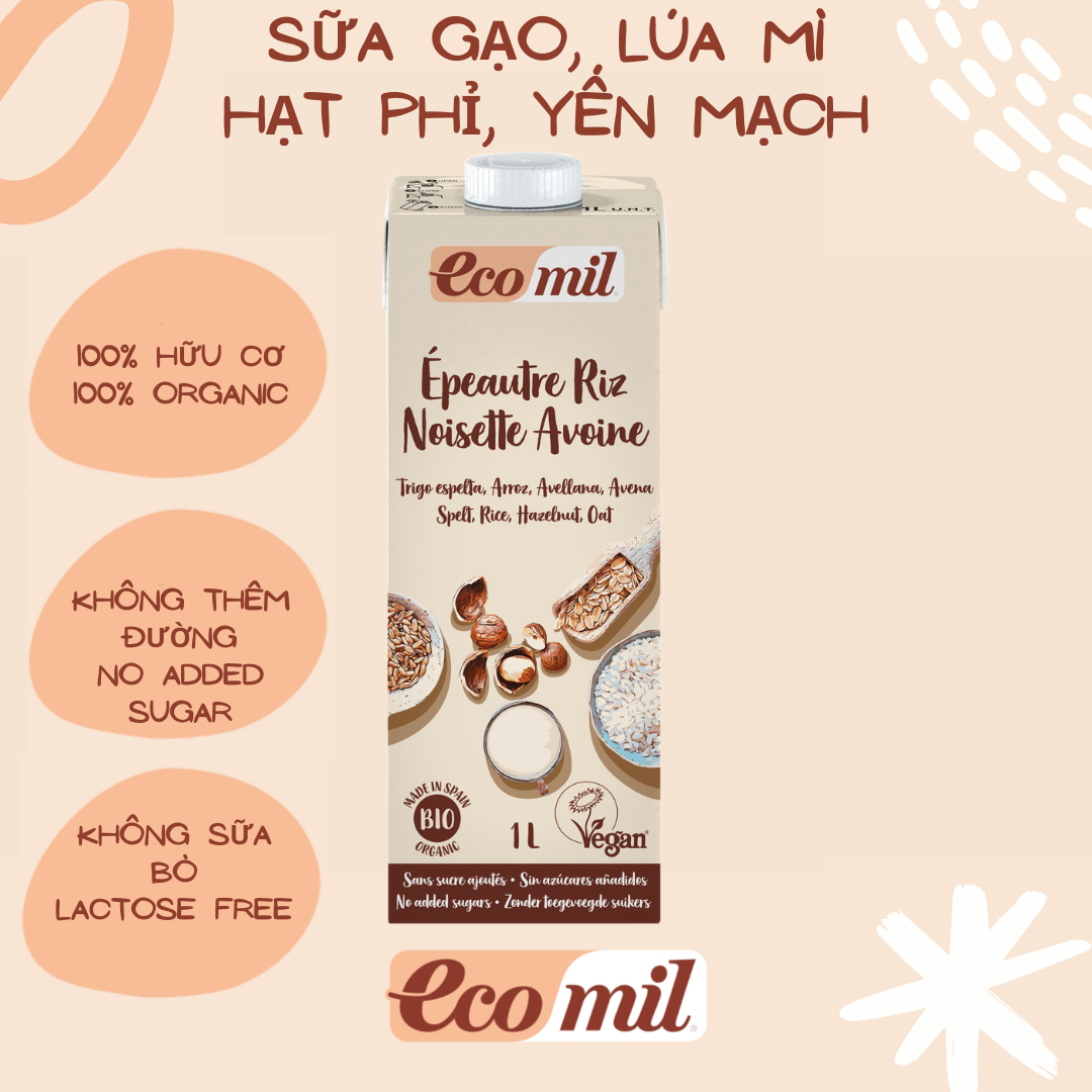Sữa Hạt Gạo Lúa Mì Yến Mạch Và Hạt Phỉ Hữu Cơ Ecomil 1L