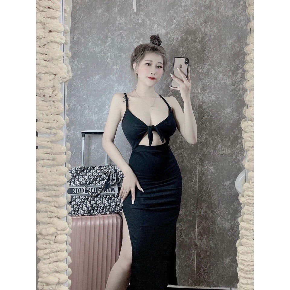 đầm 2 dây gân cột ngực xẻ tà có mút ngực chất đẹp