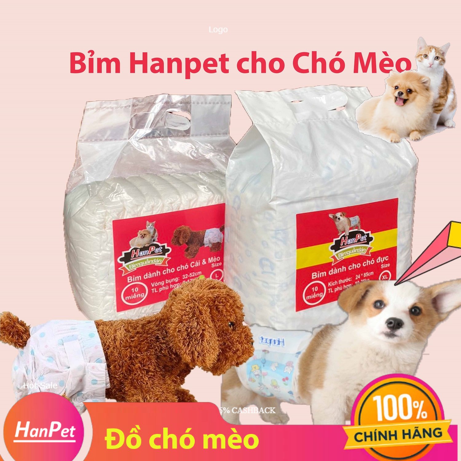 Hanpet - Bịch 10 miếng Tã bỉm chó mèo Bỉm quần dạng dán cho chó cái và mèo
