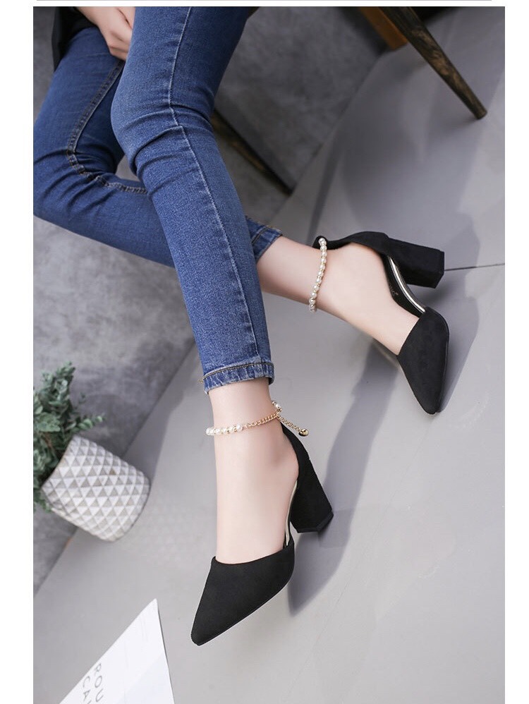Giày Cao Gót Vuông 7p Bít Mũi Cổ Chuỗi Lz-098