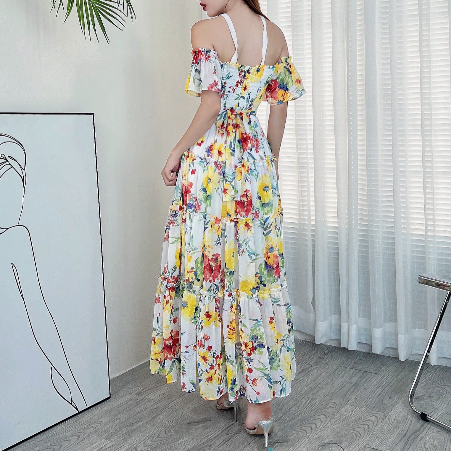 Đầm maxi hoa tay rớt cổ yếm MIMIX CB7230