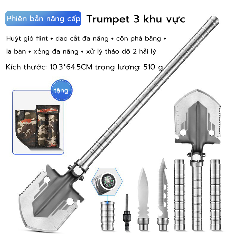 Bộ cuốc xẻng quân dụng đa năng làm vườn đi rừng đi phượt dã ngoại gấp gọn 13 chức năng tiện lợi,xẻng quân dụng,đa năng inox xẻng