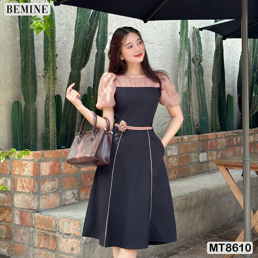 Đầm thiết kế phối tay phồng đính nơ eo BEMINE MT8610