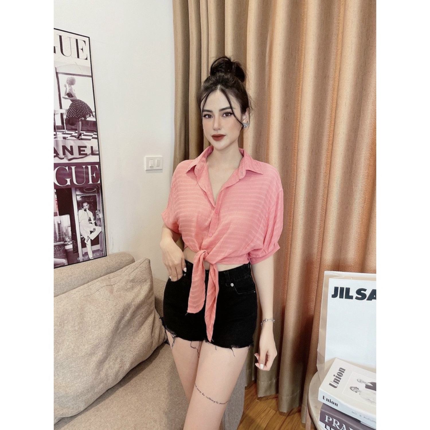 Áo sơ mi buộc vạt tay lỡ trơn cá tính
