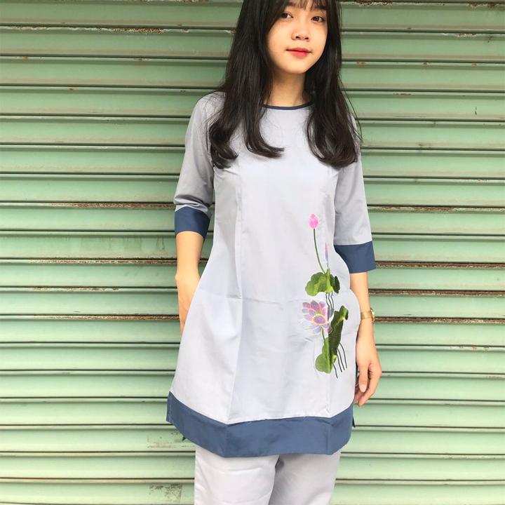 Áo dài cách tân nữ Phật Tử Đi Chùa Bộ quần áo mặc nhà, Quần Áo nữ Phật Tử, đồ lam Đi Chùa thêu hoa văn mẫu U05B