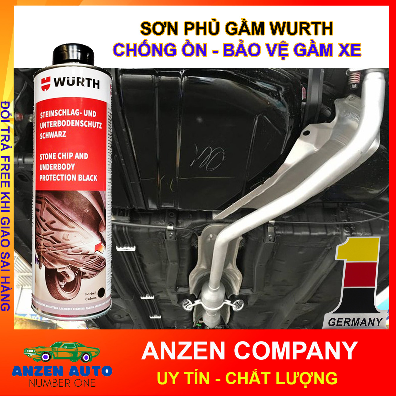 Sơn Phủ Gầm Ô Tô Wurth 1000ml - Cao Su Non Bám Dính Tốt, Chống Ồn, Nước Bẩn