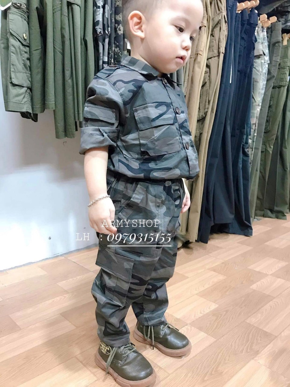 Bộ quần áo lính rằn ri ghi tím trẻ em