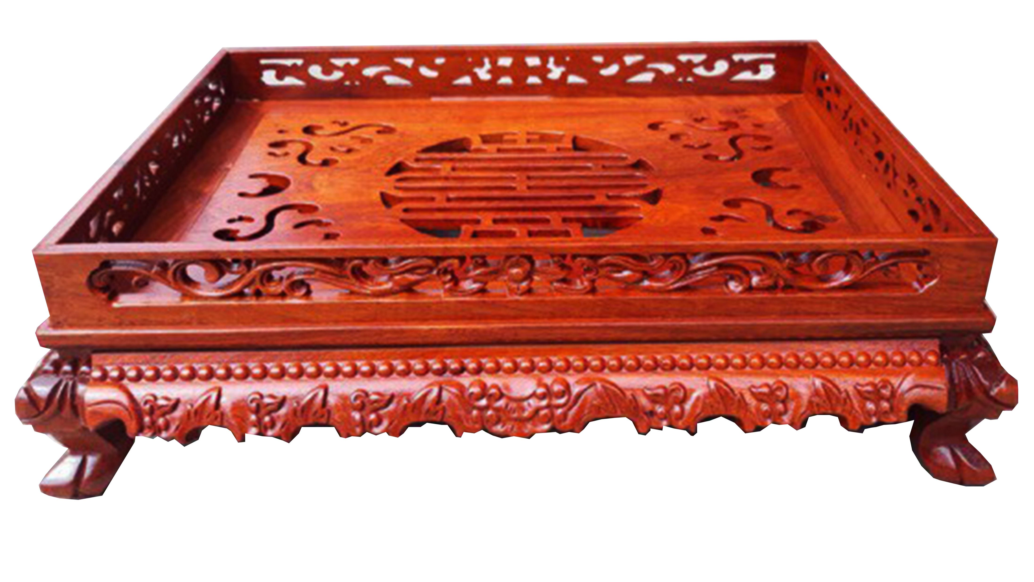 Khay Trà Chân Qùy Bằng Gỗ Hương,Khay trà rồng trầu gỗ cao 12cm