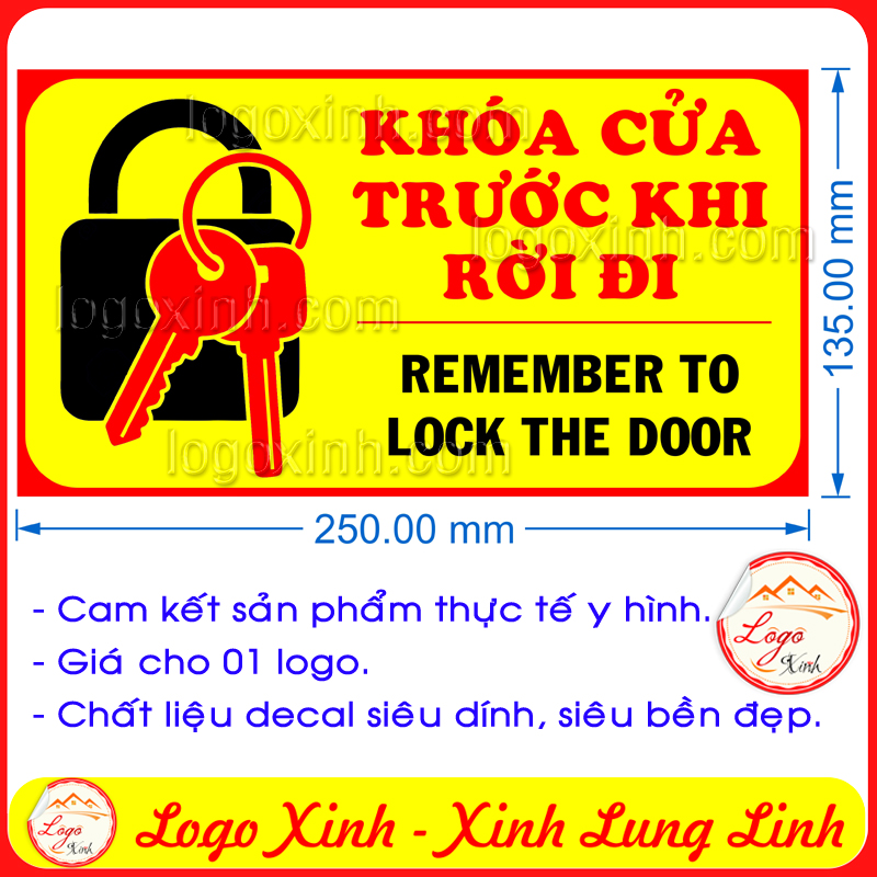 Logo sticker tem dán nhắc nhở nhớ khóa cửa cẩn thận trước khi rời đi - remember to lock the door, chú ý khóa cửa