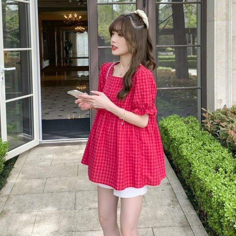 Bộ Đồ bầu babydoll kẻ hồng trẻ trung xinh xắn