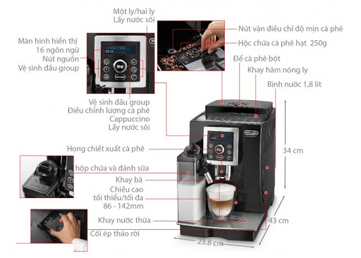 [Trả góp 0%]Máy pha cà phê tự động từ cà phê hạt và bột Delonghi Ecam 23.466.B