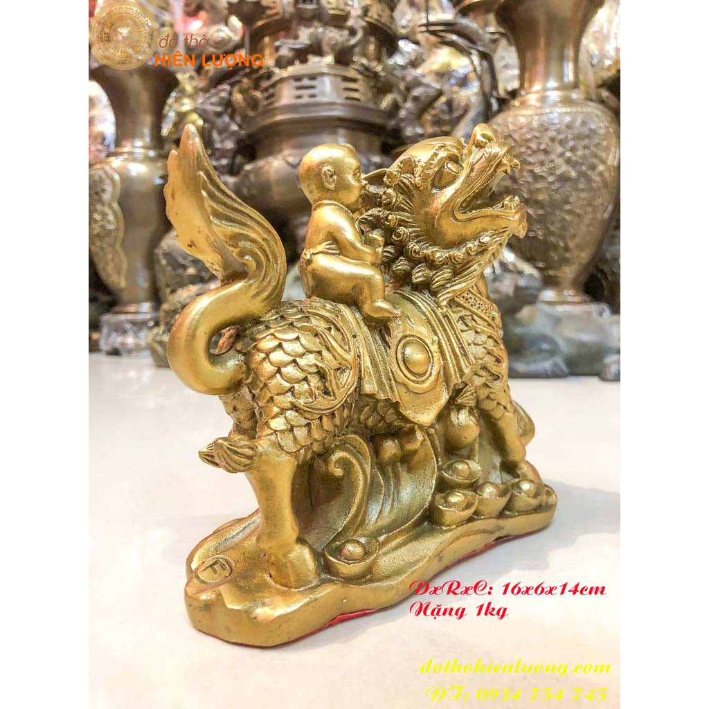 Kỳ Lân Cõng Đồng Tử Nam Bằng Đồng Phong Thủy Cầu Con Trai, Ngang 16cm, Cao 14cm