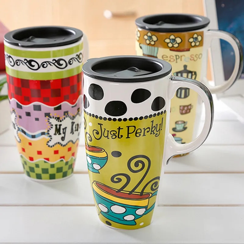 (tặng muỗng ) Cốc gốm sứ 500 ml có nắp họa tiêt 3d - ly uống cà phê trà có nắp - ly su - Ly Sứ có tay cầm - ly uống nước