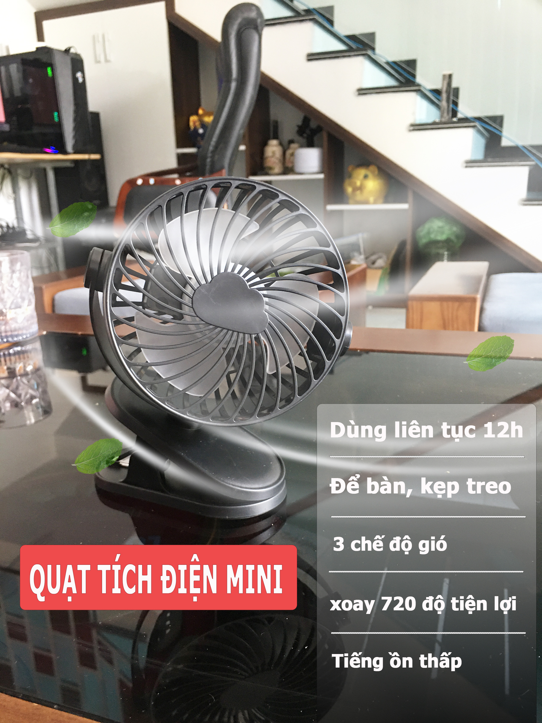 Quạt tích điện, pin trâu dùng tới 12h, quạt mini cầm tay, quạt để bàn, kẹp treo tiện lợi