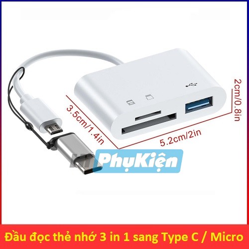 Đầu đọc thẻ nhớ 3 in 1 to OTG cổng Type C / cổng Micro