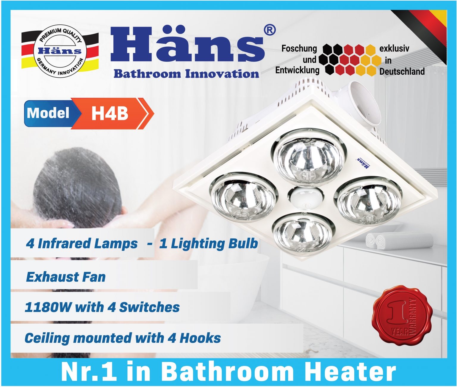 Đèn sưởi 4 bóng âm trần Hans H4B