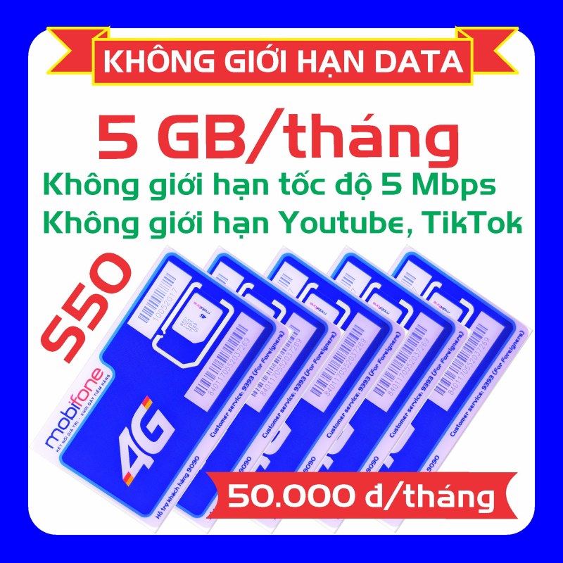 ✅ Sim Data MobiFone gói S50 data 5 GB/tháng và sử dụng không giới hạn tốc độ 5 Mbps (tốc độ 3G thông thường). Sim nghe gọi như sim thường.