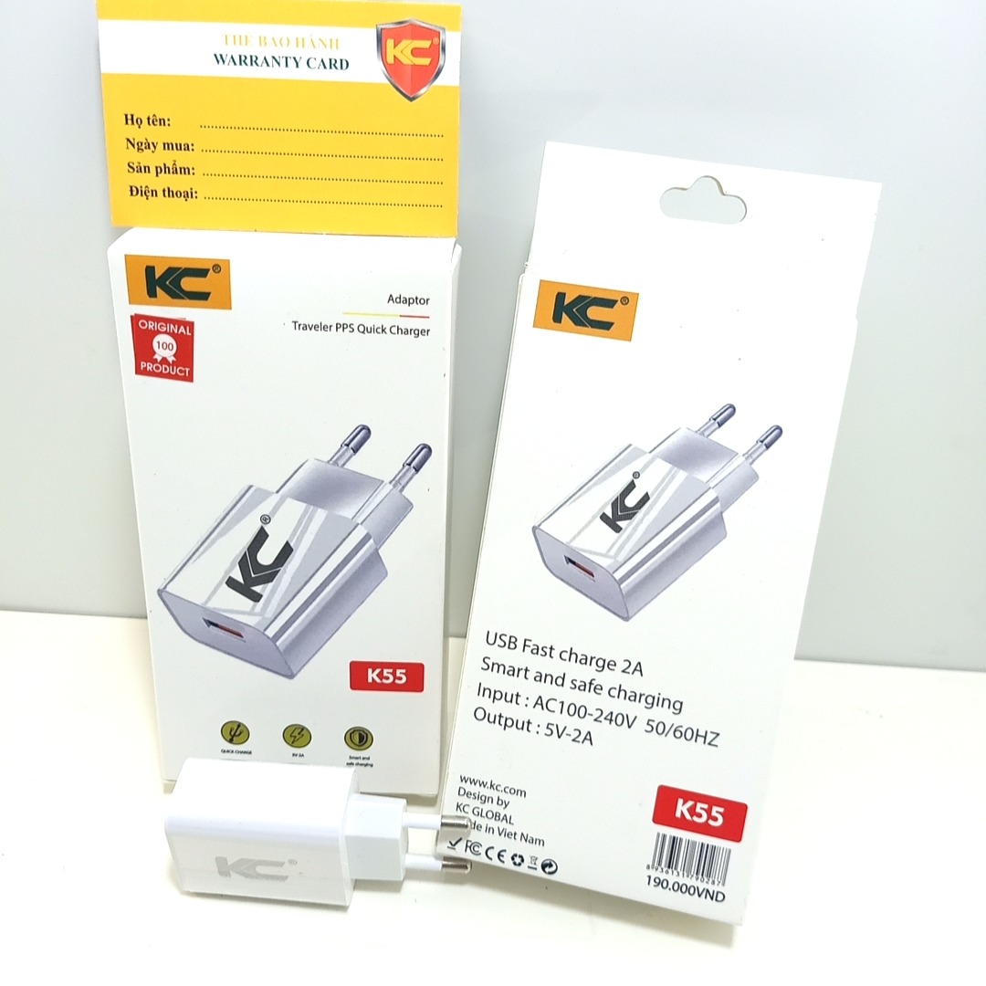 CỦ SẠC KC K55 - sạc nhanh 5V-2A- Full Box Bảo Hành 12 Tháng