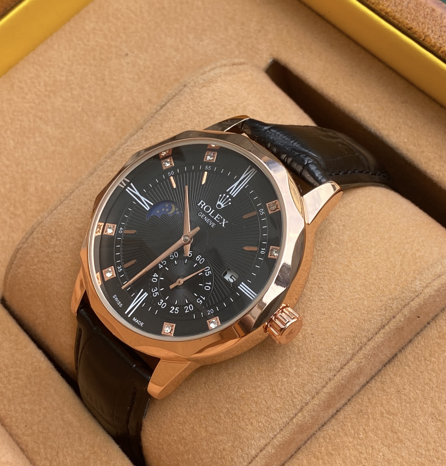 Đồng hồ nam cơ automatic cọc giờ bọc đá dây da sang trọng