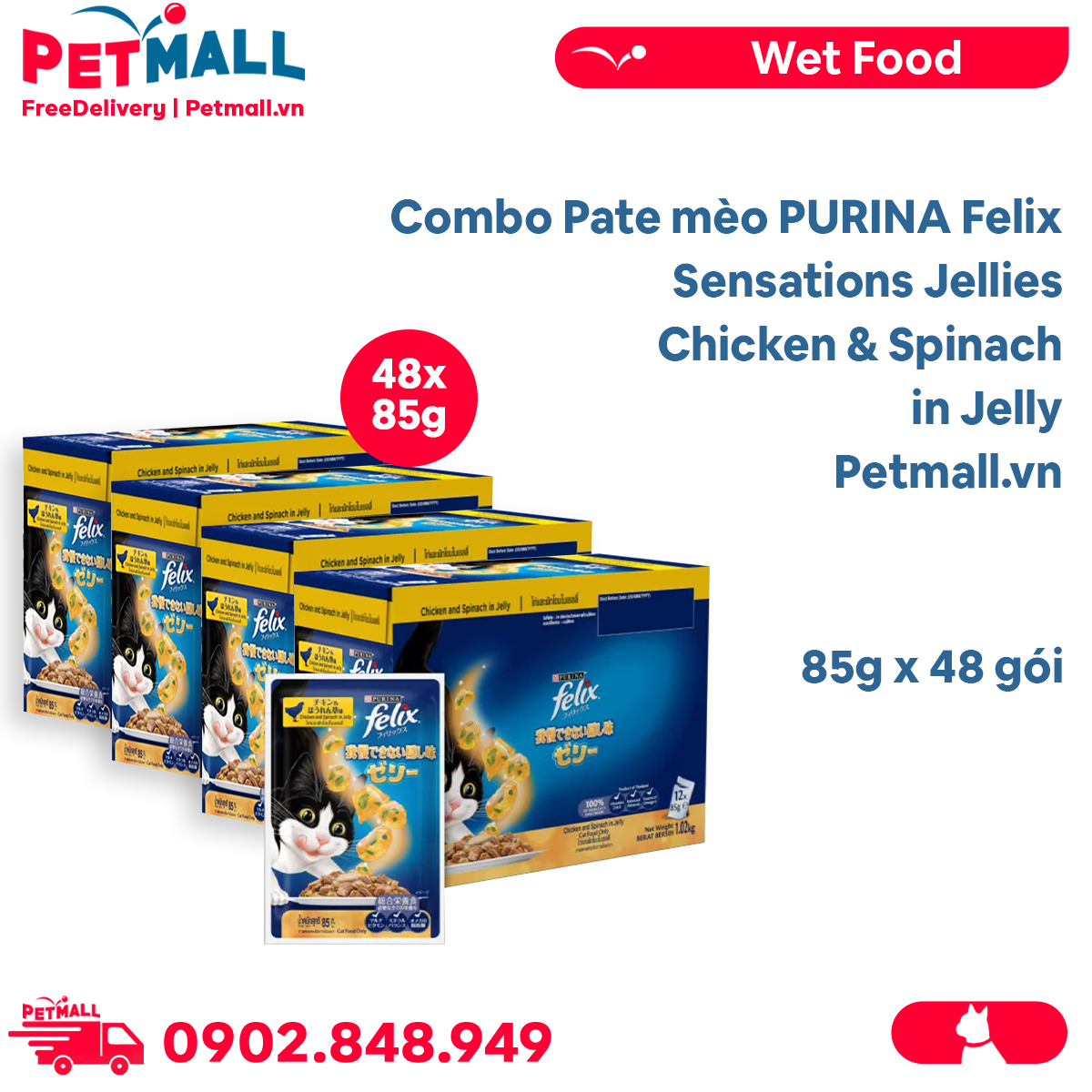Combo Pate mèo PURINA Felix Sensations Jellies Chicken & Spinach in Jelly 85g - 48 gói Petmall