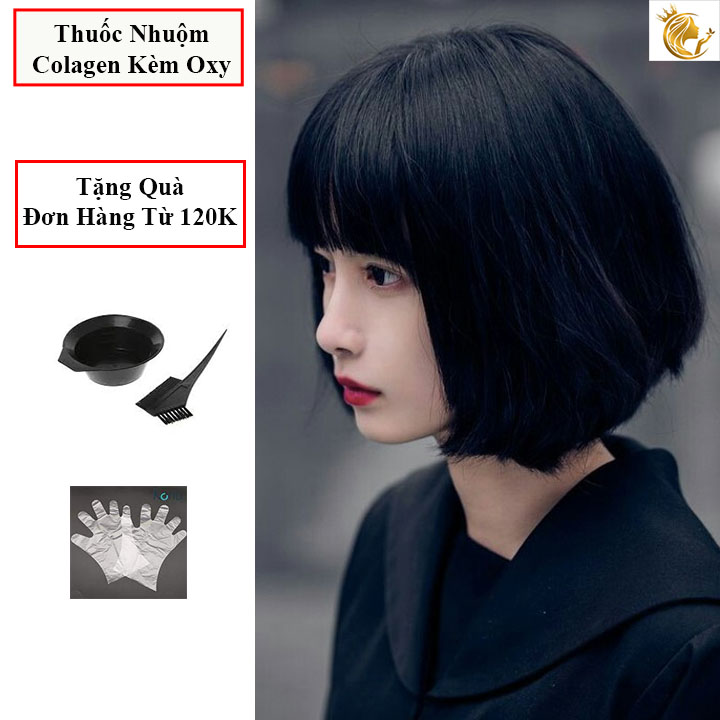 Thuốc nhuộm tóc màu đen tuyền, nhuộm phủ bạc, kèm oxy