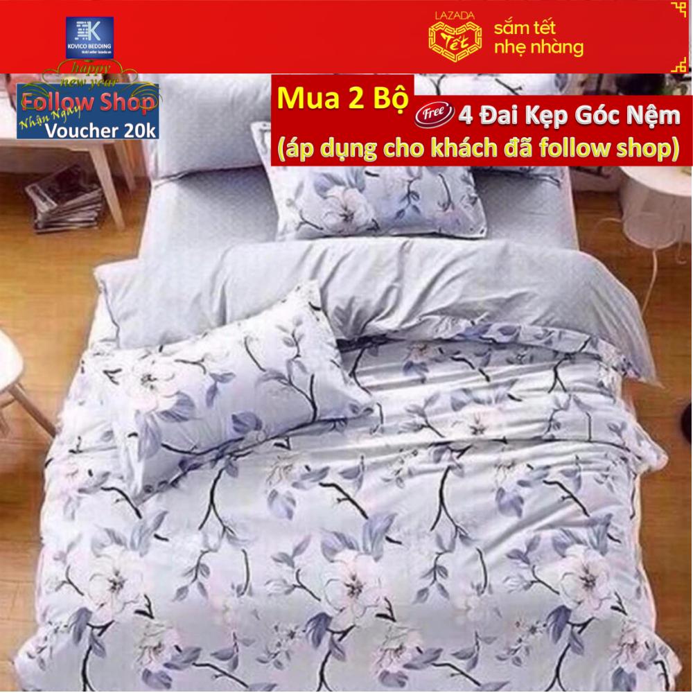 (FreeShip MAX) Bộ chăn ga gối poly Hoa xám bạc 1m8x2m